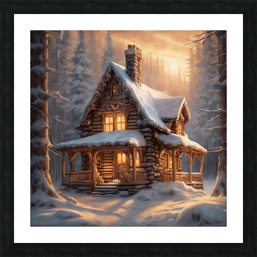 A cozy cabin nestled in a snowy forest sm Picture Frame print