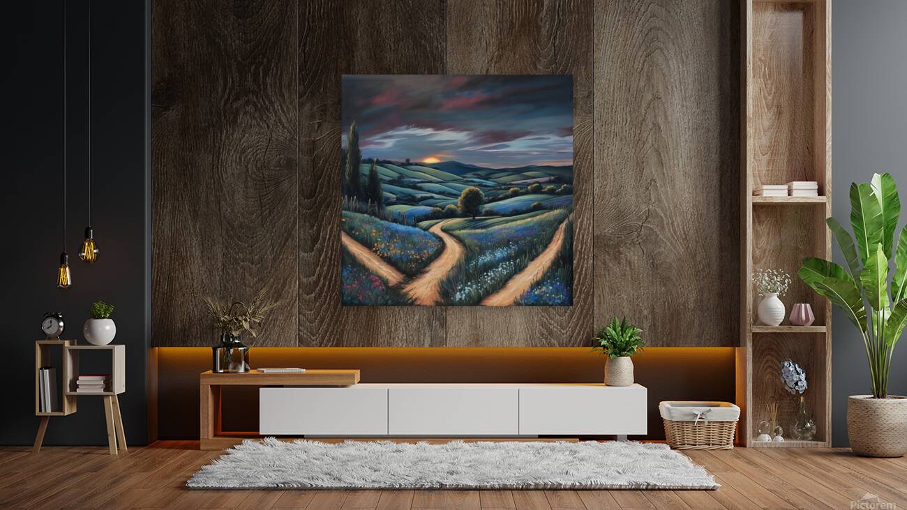 A tranquil countryside scene at golden hou Reproduction