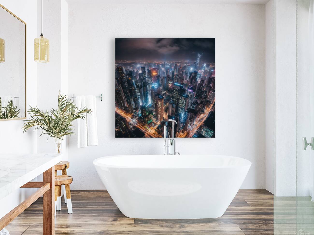 A bustling city skyline at night neon lig Reproduction