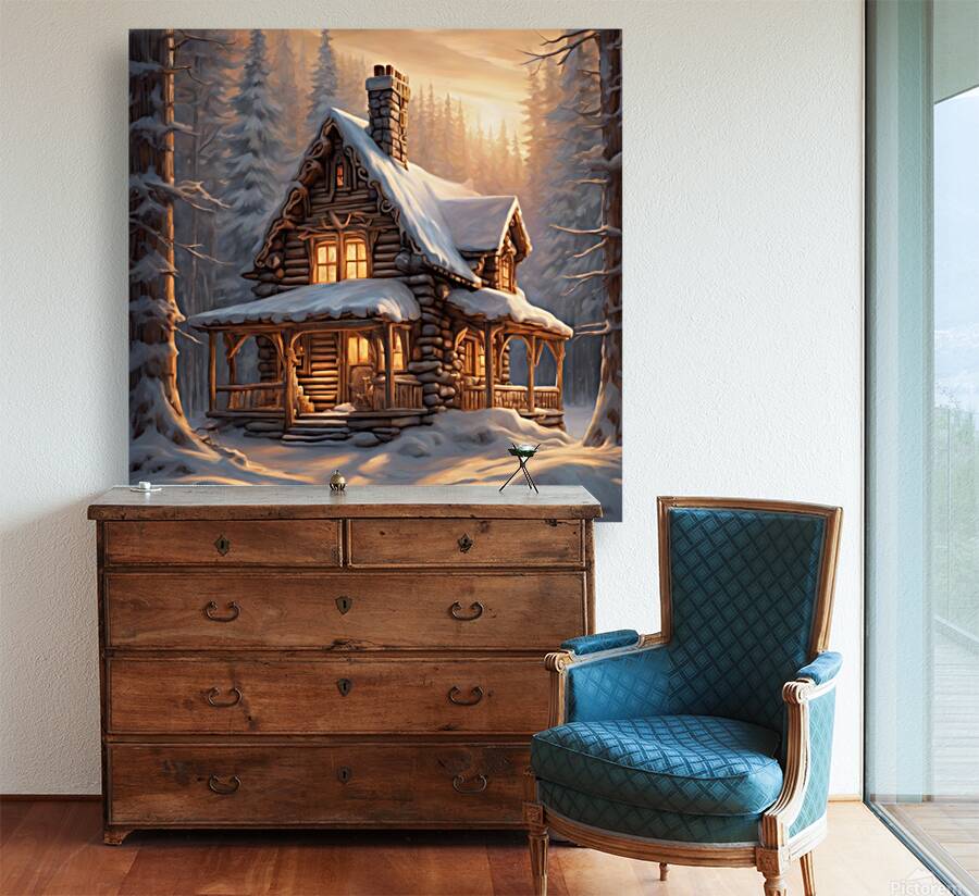 A cozy cabin nestled in a snowy forest sm Reproduction
