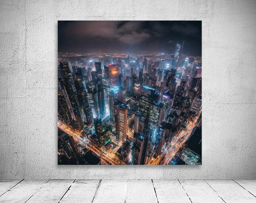A bustling city skyline at night neon lig Wall Preview
