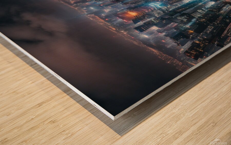A bustling city skyline at night neon lig Wood print