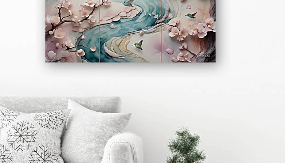 Dreamy Cherry Blossom Stream with Hummingbirds by Mubarak Malik Ibrahim