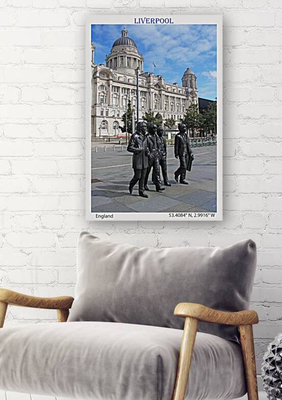 Travel Poster Statue of the Beatles pop music group in front of by Kevin Hellon