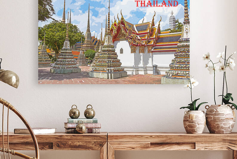 Vintage travel poster - Stupas in Wat Pho Bangkok Thailand by Kevin Hellon