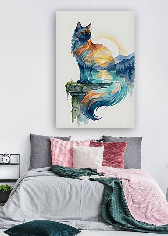 Mystical Sunset Cat Double Exposure Watercolor by Artliste