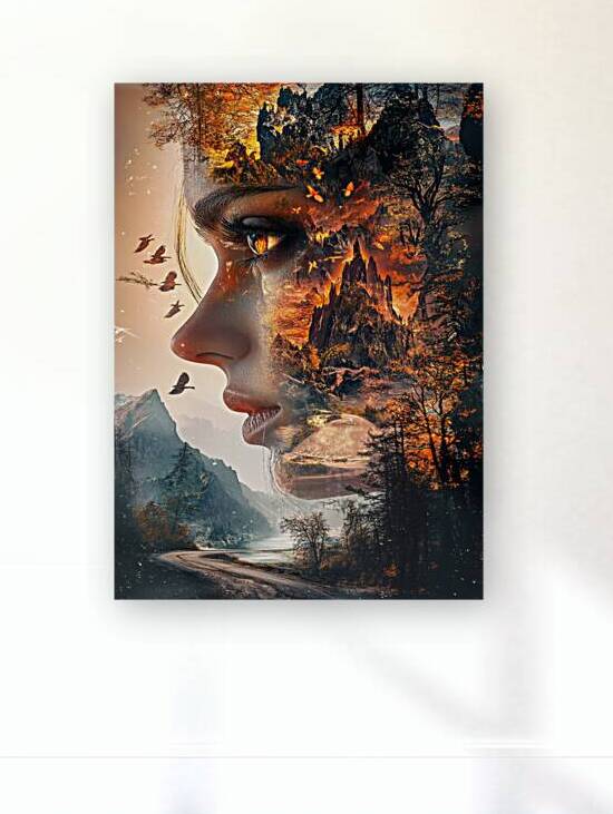 Double Exposure Female Face Mountain Forest Art by Artliste