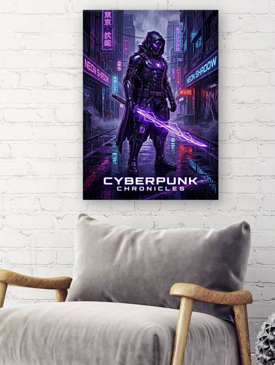 Cyberpunk Chronicles Neon Purple Warrior with Glowing Electric Katana by Artliste