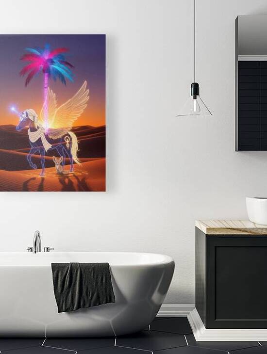Celestial Desert Unicorn – Golden Pegasus with Fennec Fox and Neon Palm by Khalili Pohtos