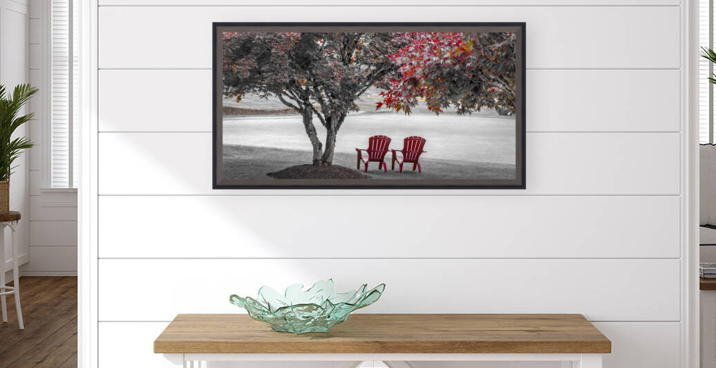 RED CHAIRS UNDER MAPLE TREES Reproduction
