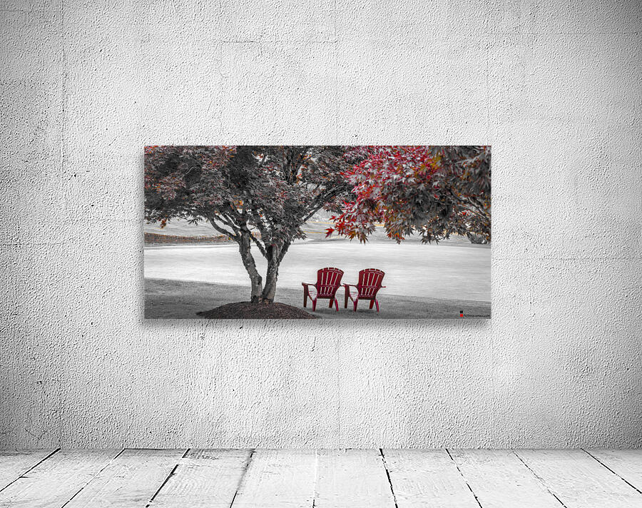 RED CHAIRS UNDER MAPLE TREES Wall Preview