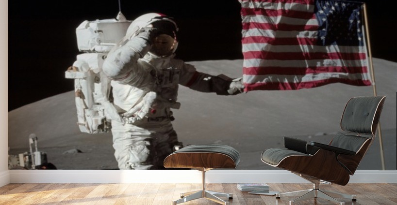 Apollo 17 astronaut salutes the United States flag on the lunar surface ...