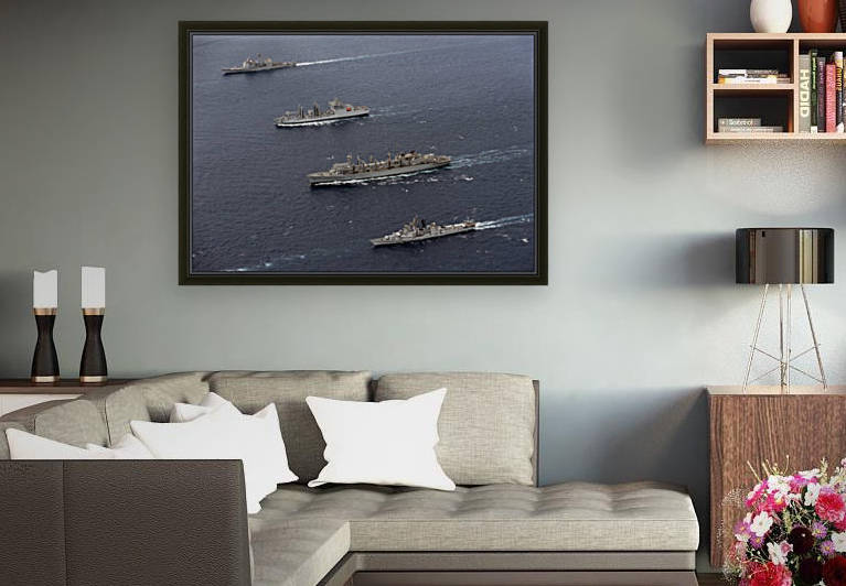 USS Bunker Hill INS Shakti USNS Bridge and INS Ranvir transit in formation. by StocktrekImages