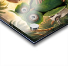 young boy gently touches a large owl-shaped structure made of green leaves Acrylic print