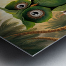 young boy gently touches a large owl-shaped structure made of green leaves Metal print