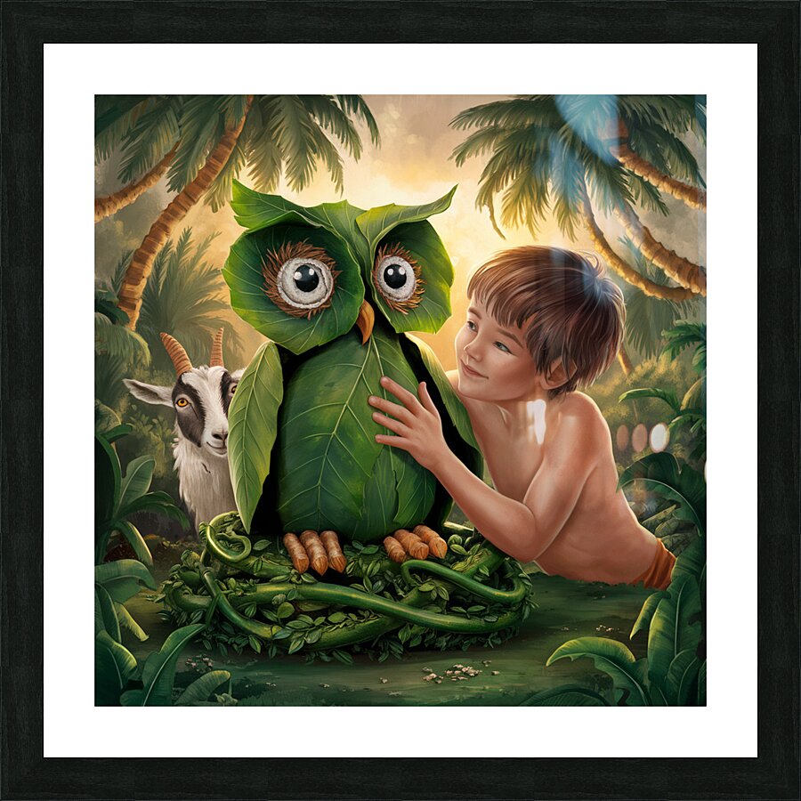 young boy gently touches a large owl-shaped structure made of green leaves Picture Frame print