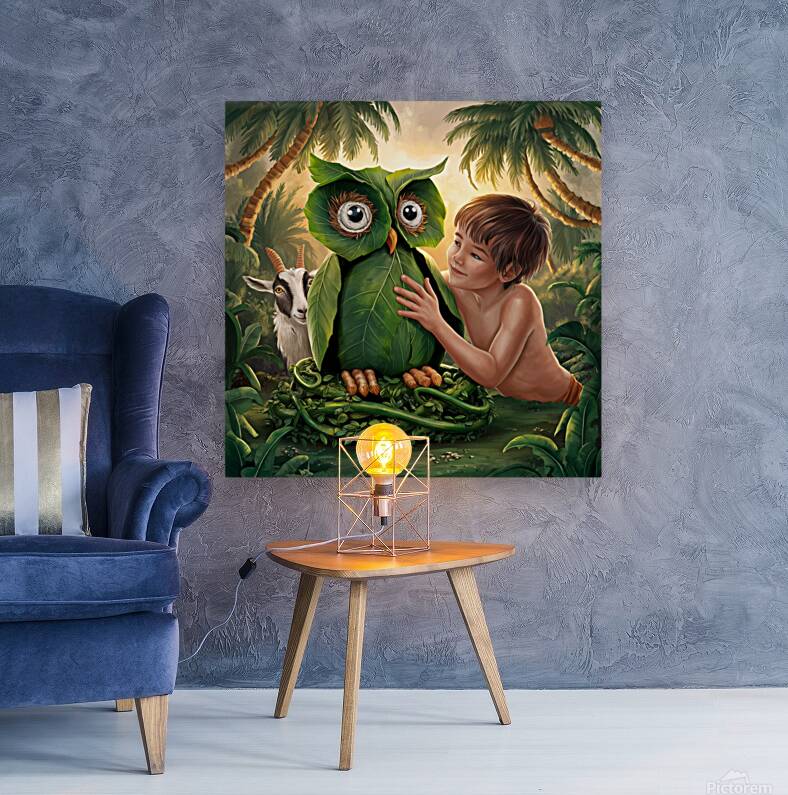 young boy gently touches a large owl-shaped structure made of green leaves Reproduction