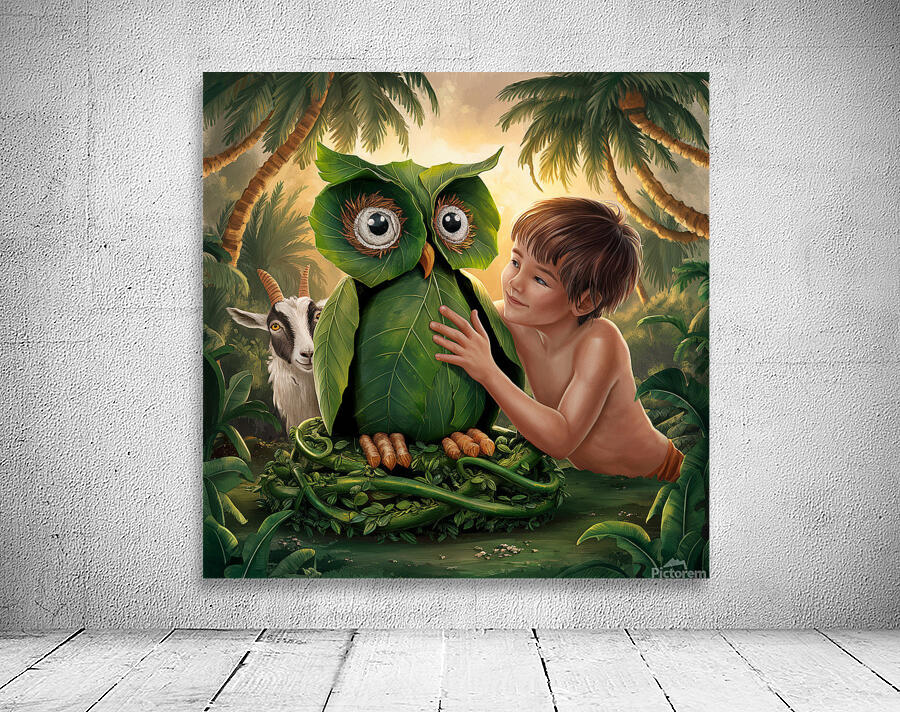 young boy gently touches a large owl-shaped structure made of green leaves Wall Preview