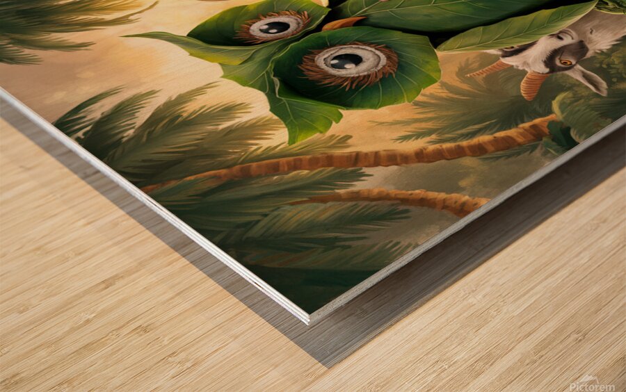young boy gently touches a large owl-shaped structure made of green leaves Wood print