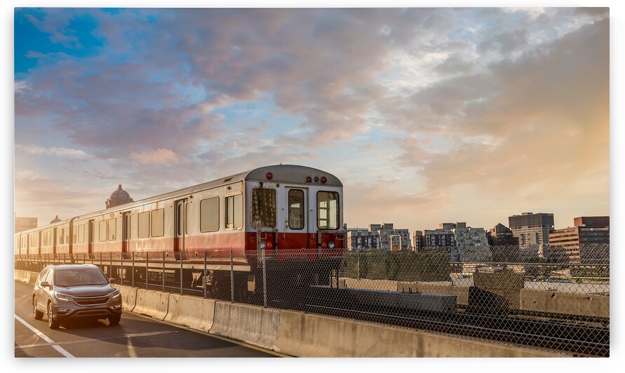 Boston subway lines train crossing Longfellow bridge over scenic Charles river by Elijah Lovkoff