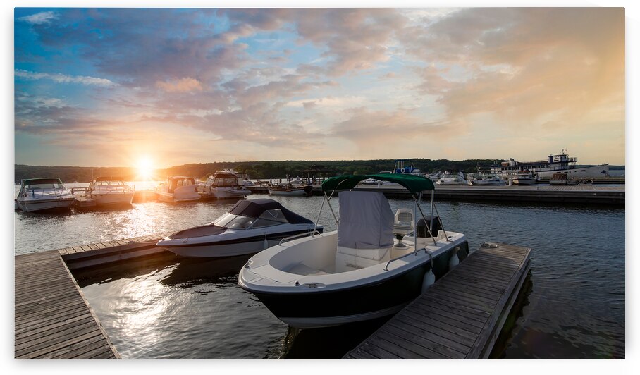 A boat waiting for a ride on a lake near Georgian Bay and Blue Mountain resort in Muskoka Ontario by Elijah Lovkoff