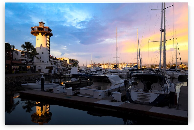 Mexico Panoramic view of Marina and yacht club in Puerto Vallarta at sunset by Elijah Lovkoff
