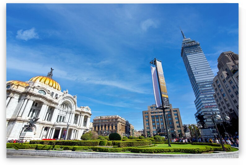 Landmark tower Torre Latinoamericana and Palace of Fine Arts Palacio de Bellas Artes near the Alameda Central Park and Zocalo Historic Center by Elijah Lovkoff