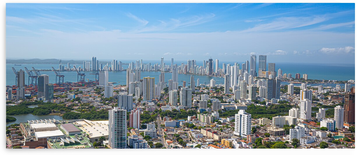 Scenic view of Cartagena cityscape modern skyline hotels and ocean bays Bocagrande and Bocachica from the lookout hill of Santa Cruz convent Convento de la Popa by Elijah Lovkoff