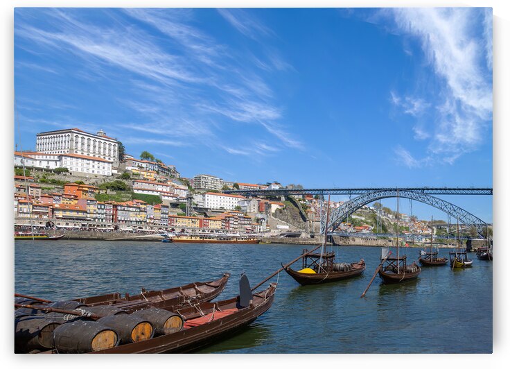 Portugal Skyline panorama and Rio Douro boats near Porto historic city and Dom Luis Bridge by Elijah Lovkoff