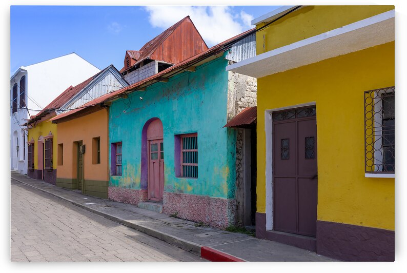 Colorful colonial architecture of historic center of Flores Guatemala by Elijah Lovkoff