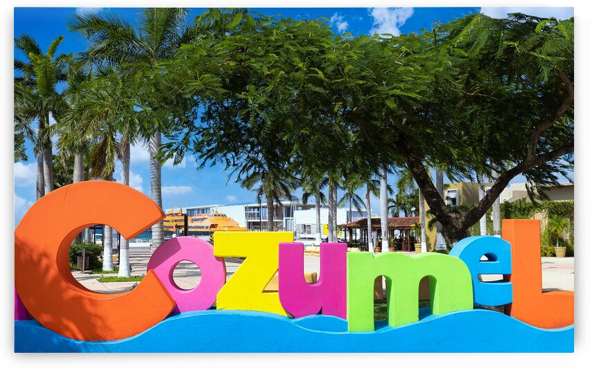 Mexico Cozumel Letters at the central plaza near ocean Malecon and Cancun ferry terminal by Elijah Lovkoff