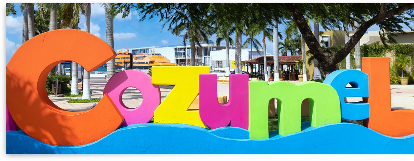 Mexico Cozumel Letters at the central plaza near ocean Malecon and Cancun ferry terminal by Elijah Lovkoff
