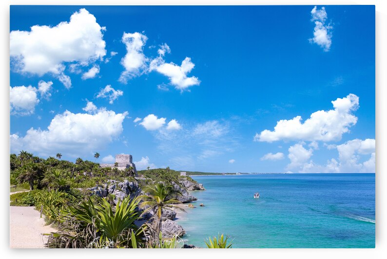 Mexico Tulum Archaeological Zone and Mayan pyramids on scenic ocean shore by Elijah Lovkoff