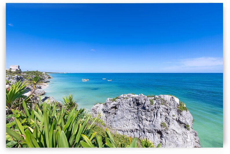 Mexico Tulum Archaeological Zone and Mayan pyramids on scenic ocean shore by Elijah Lovkoff