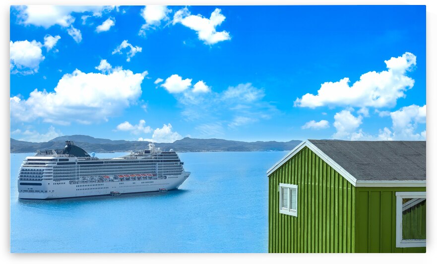 Cruise ship visit to Greenland city Qarqotoq with colored houses located near fjords and icebergs by Elijah Lovkoff