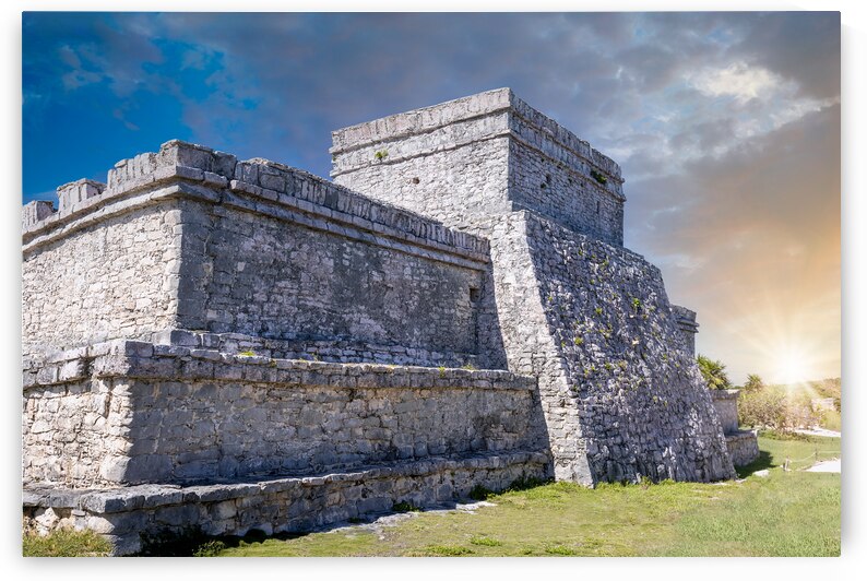 Pyramid El Castillo the Castle in Tulum Archaeological Zone with Mayan pyramids and ruins located on the scenic ocean shore of Quintana Roo province by Elijah Lovkoff