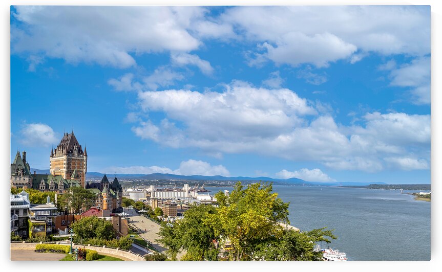 Panoramic view of Chateau Frontenac in Quebec historic center located on Dufferin Terrace promenade with scenic views and landscapes of Saint Lawrence River upper town and Old Port by Elijah Lovkoff