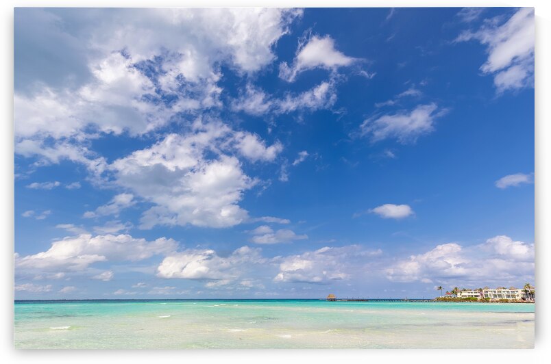 Serene turquoise Isla Mujeres beach Playa Norte famous for emerald waters sandy sea shore and beach bars for fun and beach parties by Elijah Lovkoff