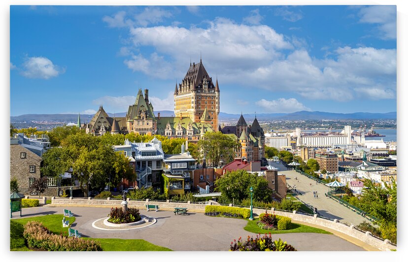 Panoramic view of Chateau Frontenac in Quebec historic center located on Dufferin Terrace promenade with scenic views and landscapes of Saint Lawrence River upper town and Old Port by Elijah Lovkoff