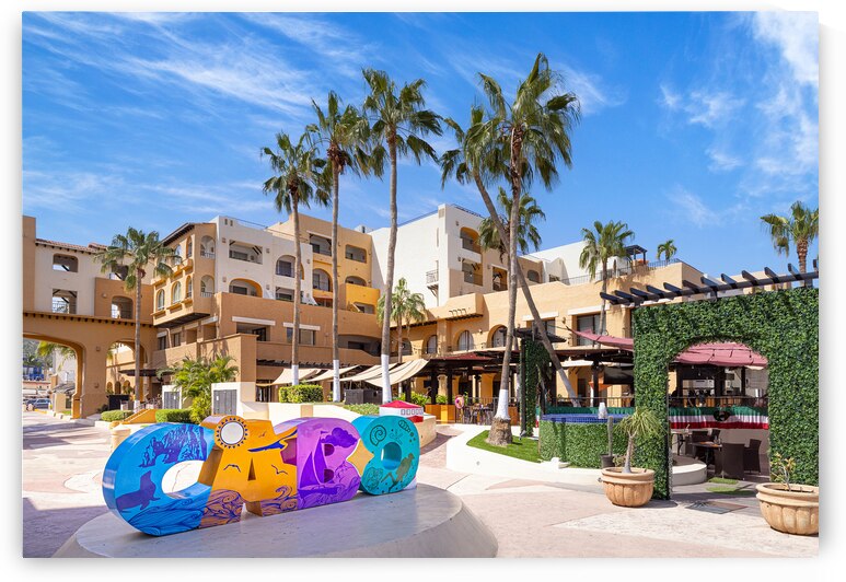 Los Cabos colorful letters in Cabo San Lucas marina a departure point for cruises marlin fishing and lancha boats to El Arco Arch and beaches by Elijah Lovkoff