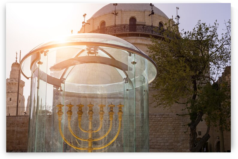 Israel Jerusalem golden menorah in Old City Jewish quarter near Western Wall and Dome of Rock by Elijah Lovkoff