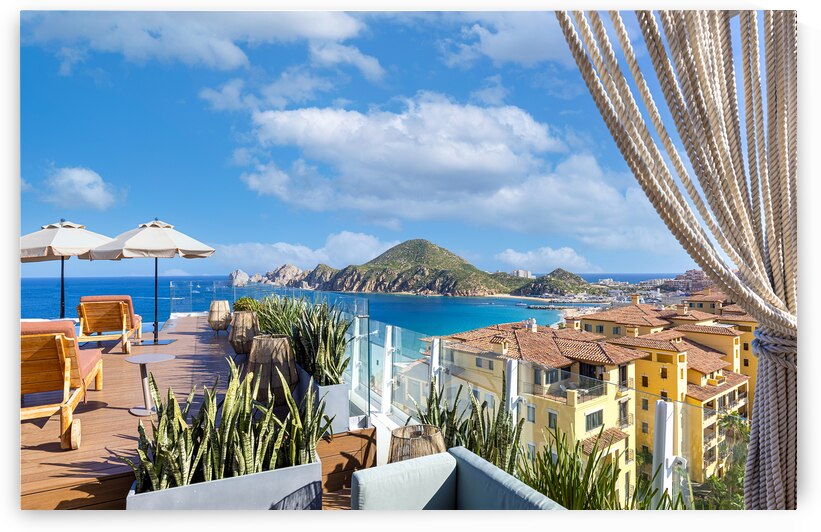 Mexico Scenic panoramic aerial view of Los Cabos tourist destination Arch of Cabo San Lucas El Arco Playa Amantes and Playa del Divorcio by Elijah Lovkoff