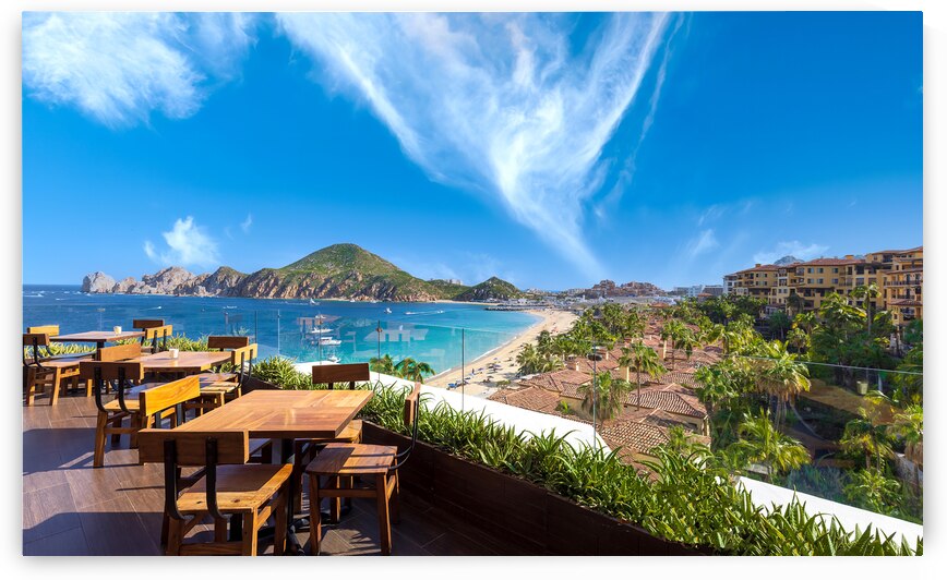 Scenic panoramic aerial view of Los Cabos landmark tourist destination Arch of Cabo San Lucas by Elijah Lovkoff