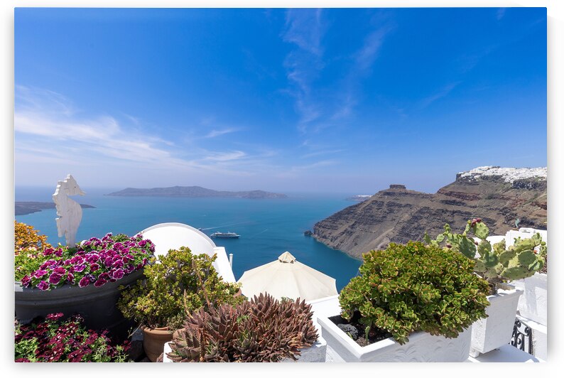 Greece Islands scenic panoramic sea views of Santorini island from top outlook of Fira village by Elijah Lovkoff