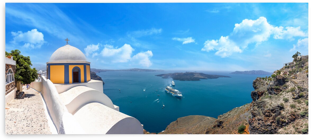 Greece Islands scenic panoramic sea views of Santorini island from top outlook of Fira village by Elijah Lovkoff