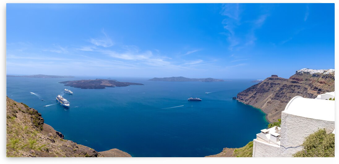 Greece Islands scenic panoramic sea views of Santorini island from top outlook of Fira village by Elijah Lovkoff