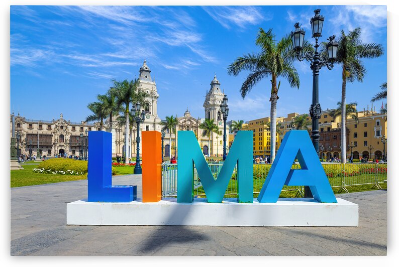 Lima Peru Archbishop Palace on colonial Central plaza Mayor or Plaza de Armas in historic center by Elijah Lovkoff
