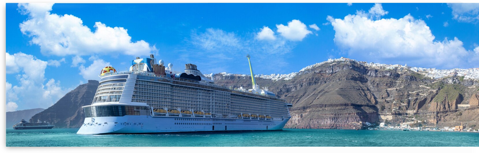 Greece Islands scenic panoramic sea views of Santorini island from docked cruise ship by Elijah Lovkoff