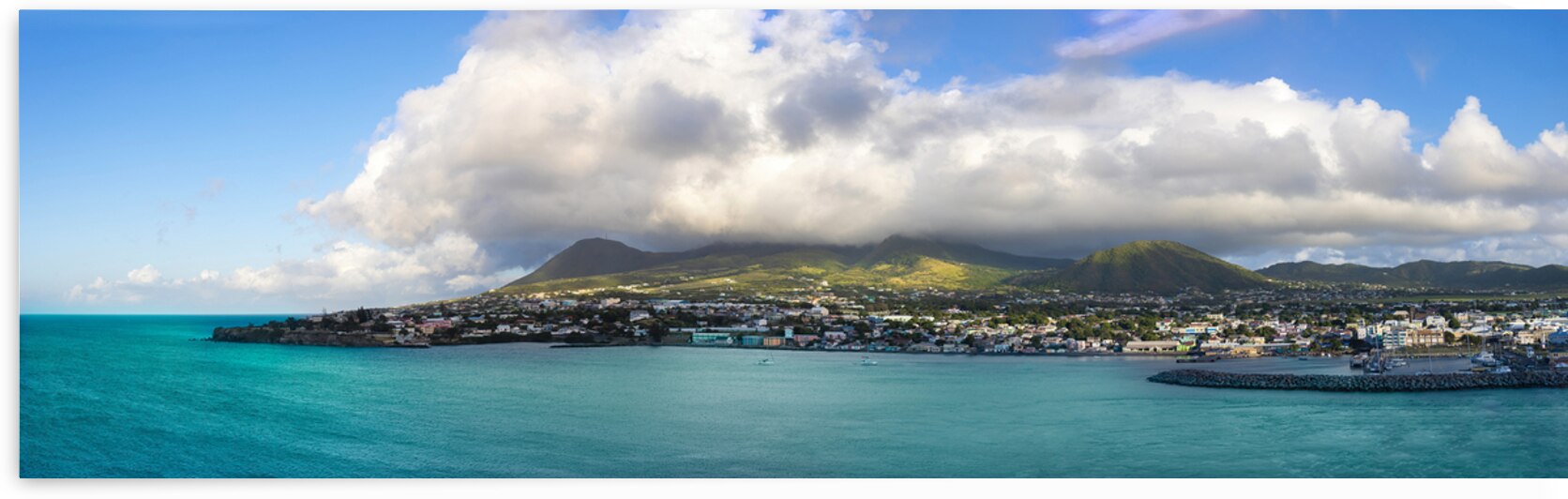 Saint Kitts and Nevis Basseterre scenic panoramic shoreline from cruise ship on Caribbean vacation by Elijah Lovkoff