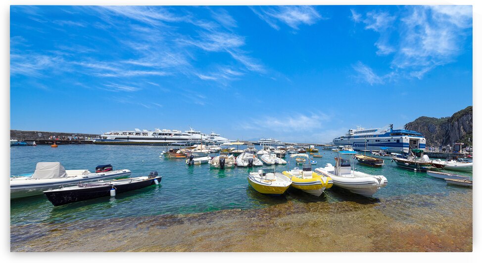 Italy scenic views of Capri Island Bay. Ships yachts and ferries in Capri harbor by Elijah Lovkoff